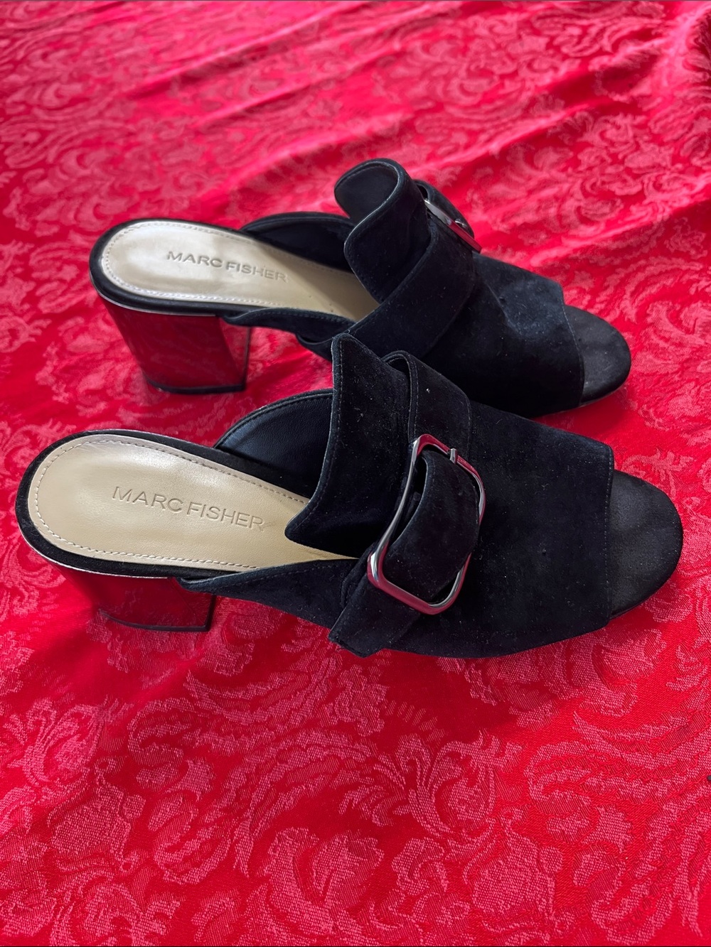 Marc Fisher Black Suede Mule Heels Women's 6.5 Silver Buckle Chrome Block Heel